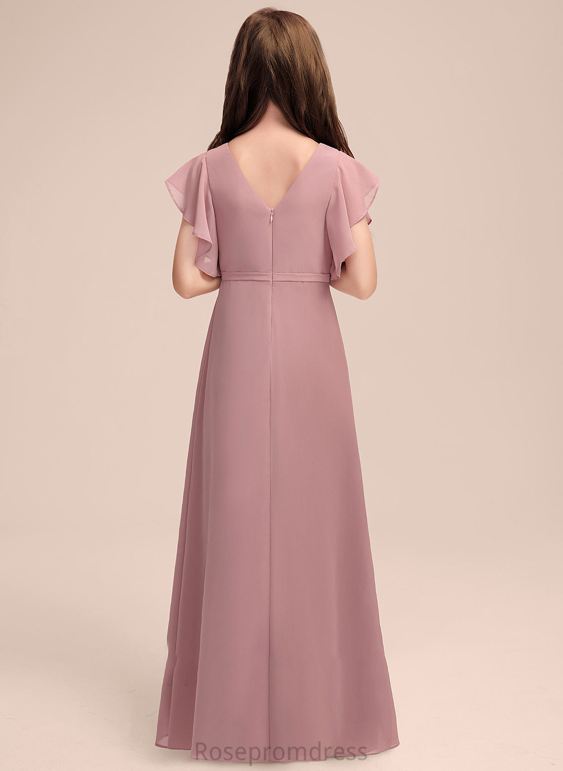 Precious V-neck Cascading Ruffles Junior Bridesmaid Dresses With Floor-Length A-Line Chiffon