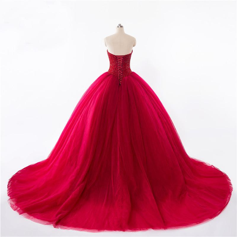New Style Red Tulle Lace up Sweetheart Strapless Beads Ball Gown Prom Quinceanera Dress RS512