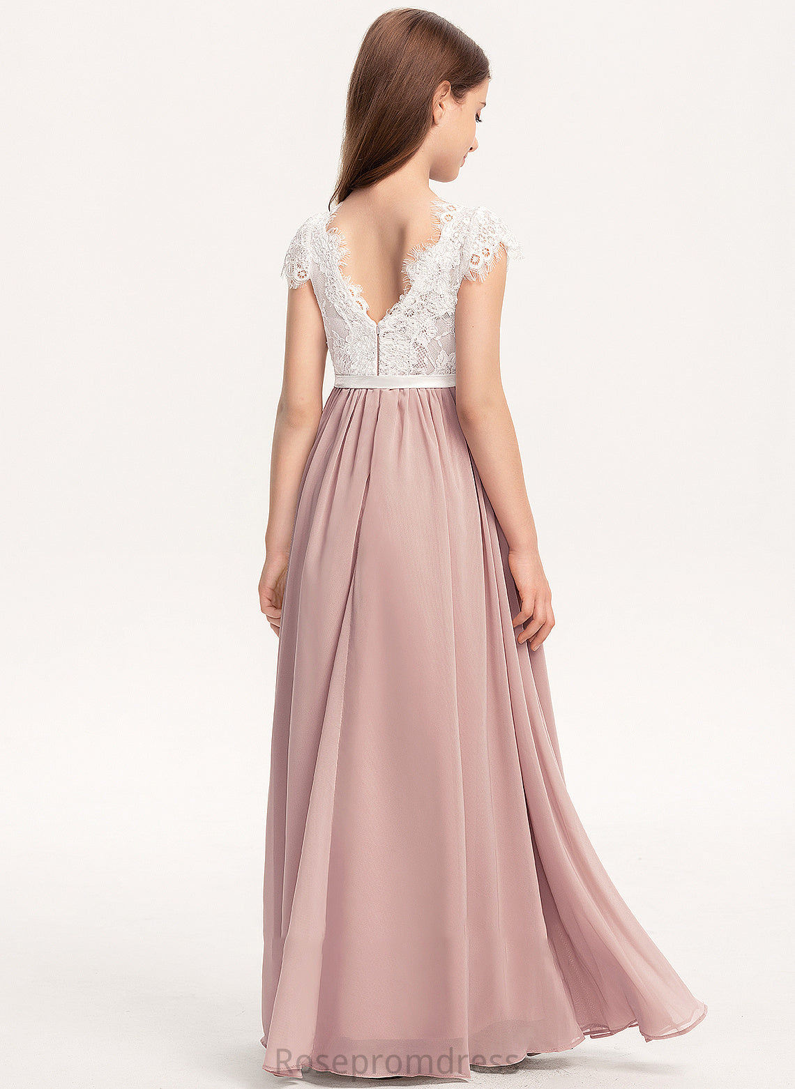 Neck Scoop Junior Bridesmaid Dresses Chiffon Lace Natalie A-Line Floor-Length Bow(s) With