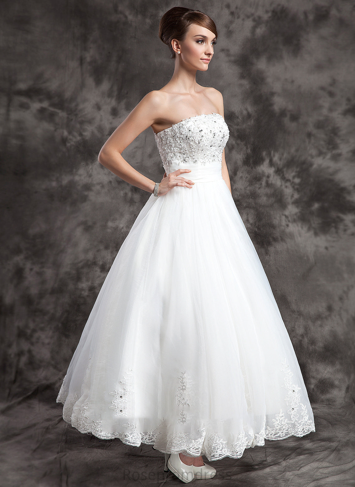 Satin With Victoria Ball-Gown/Princess Beading Wedding Wedding Dresses Ankle-Length Organza Lace Strapless Dress
