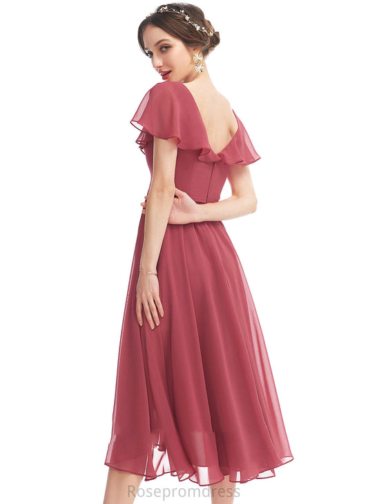 Neckline Fabric A-Line Silhouette Embellishment Length Ruffle V-neck Asymmetrical Violet Bridesmaid Dresses