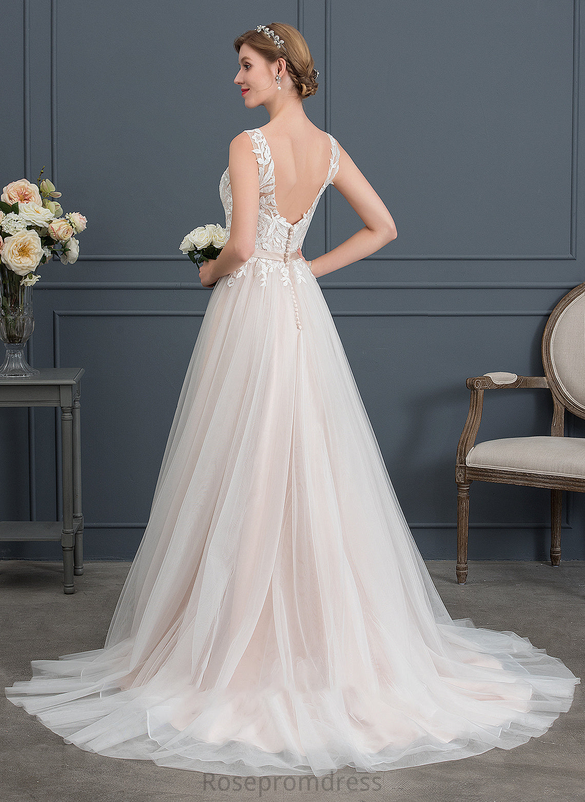 Court Wedding With Train Beading Dress A-Line Wedding Dresses V-neck Tulle Sharon