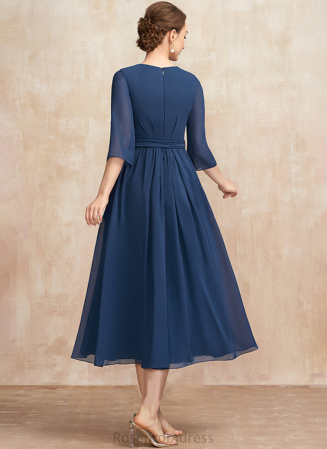 Mother of the Bride Dresses of Tea-Length Ruffle the Scoop With Chiffon Neck Bride Bow(s) Dress Mother Kaitlyn A-Line