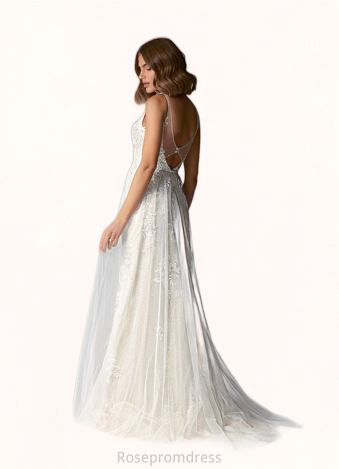 Angeline A-Line Sequins Lace Sweep Train Dress SRSP0020106