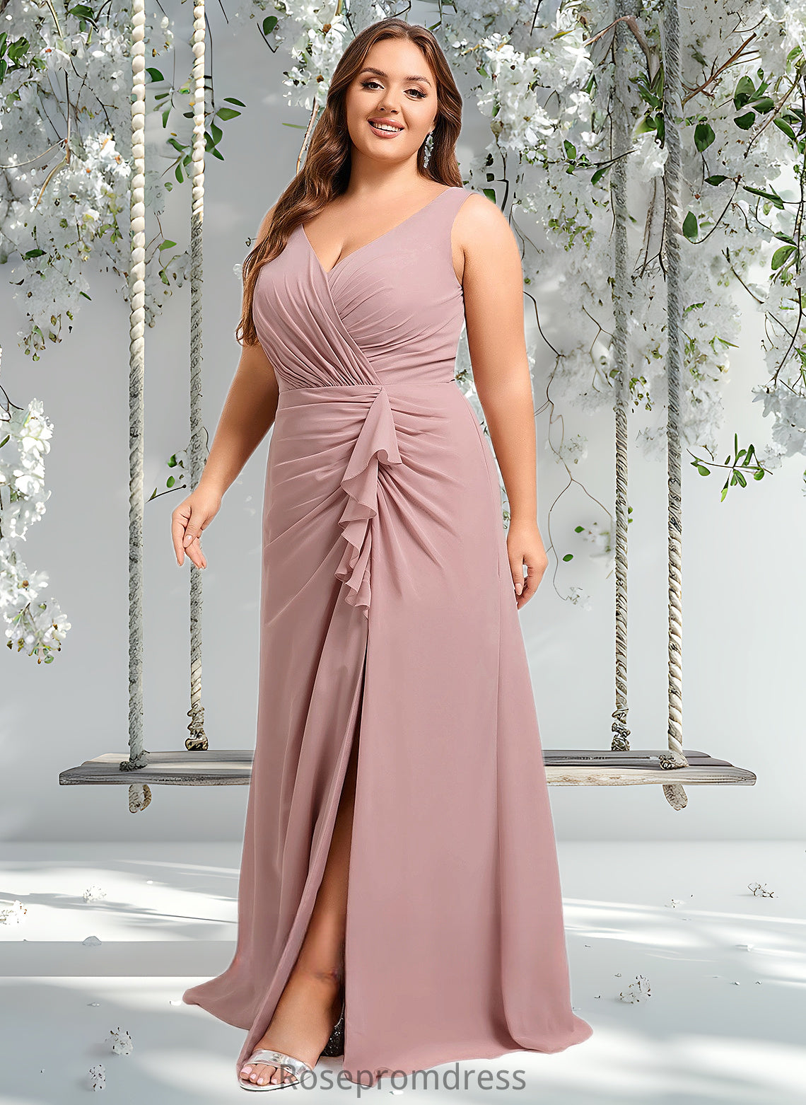 Phoebe A-line V-Neck Floor-Length Chiffon Bridesmaid Dress DSP0025820