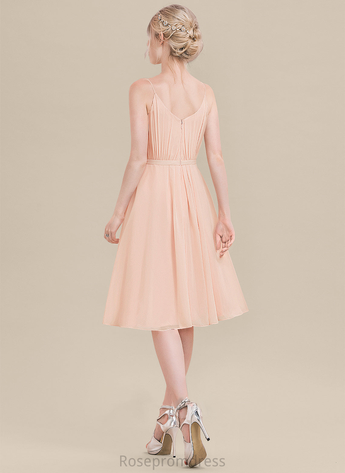 Embellishment Length Silhouette V-neck Fabric Ruffle A-Line Knee-Length Neckline Mariela Natural Waist Trumpet/Mermaid Bridesmaid Dresses