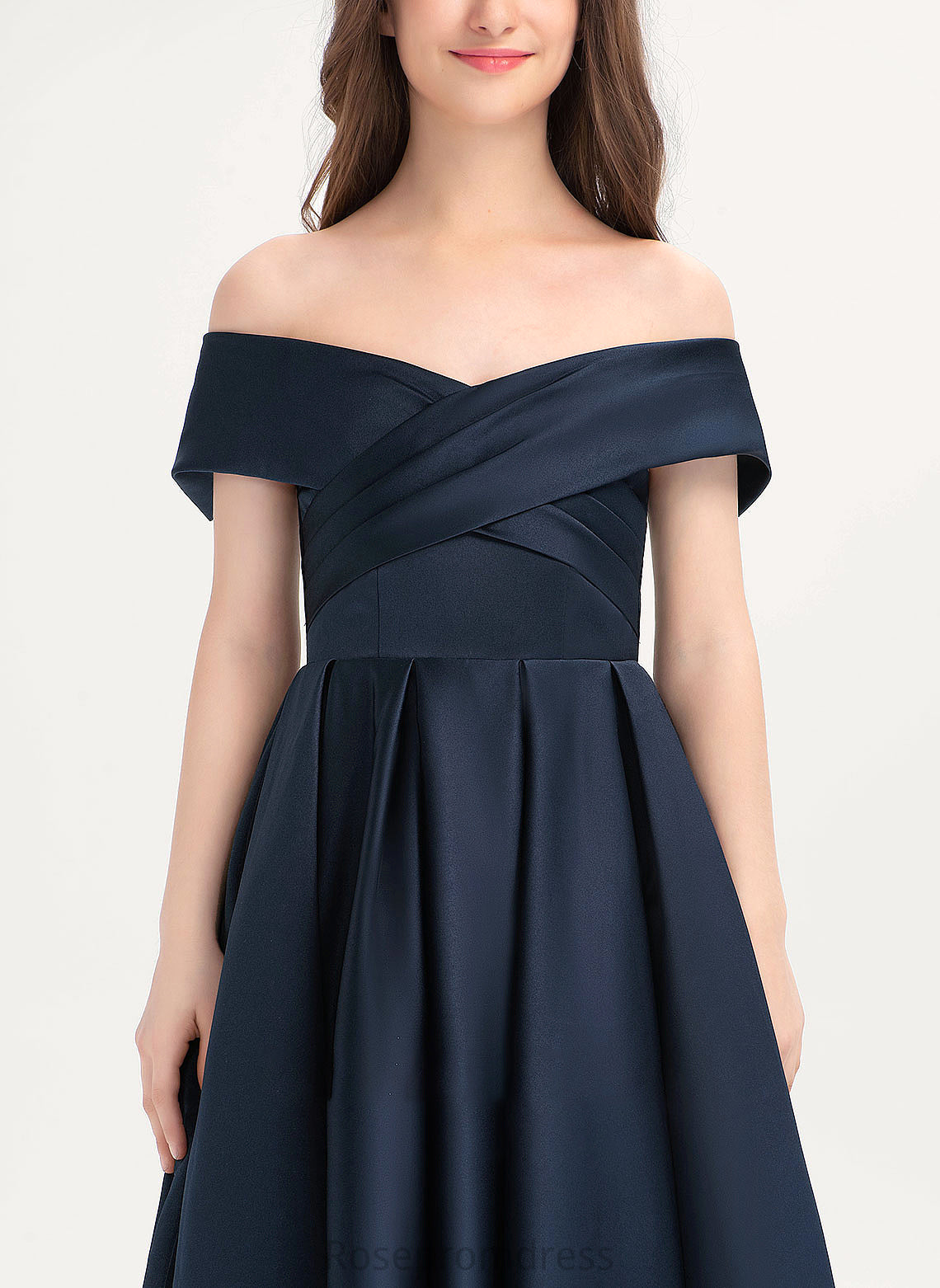 Yesenia With Satin Tea-Length Ruffle Pockets Off-the-Shoulder A-Line Junior Bridesmaid Dresses
