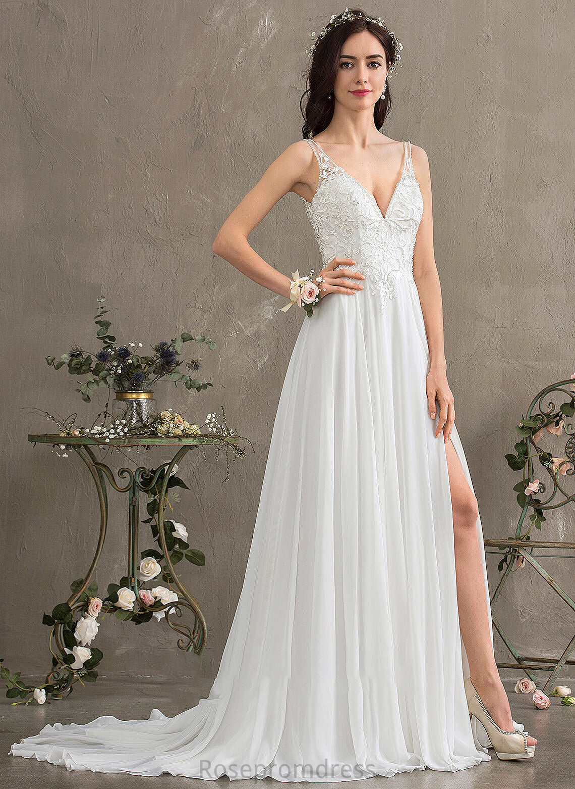 Sequins With Dress Train Sweep Split Wedding Dresses Front Beading A-Line Wedding V-neck Chiffon Cali