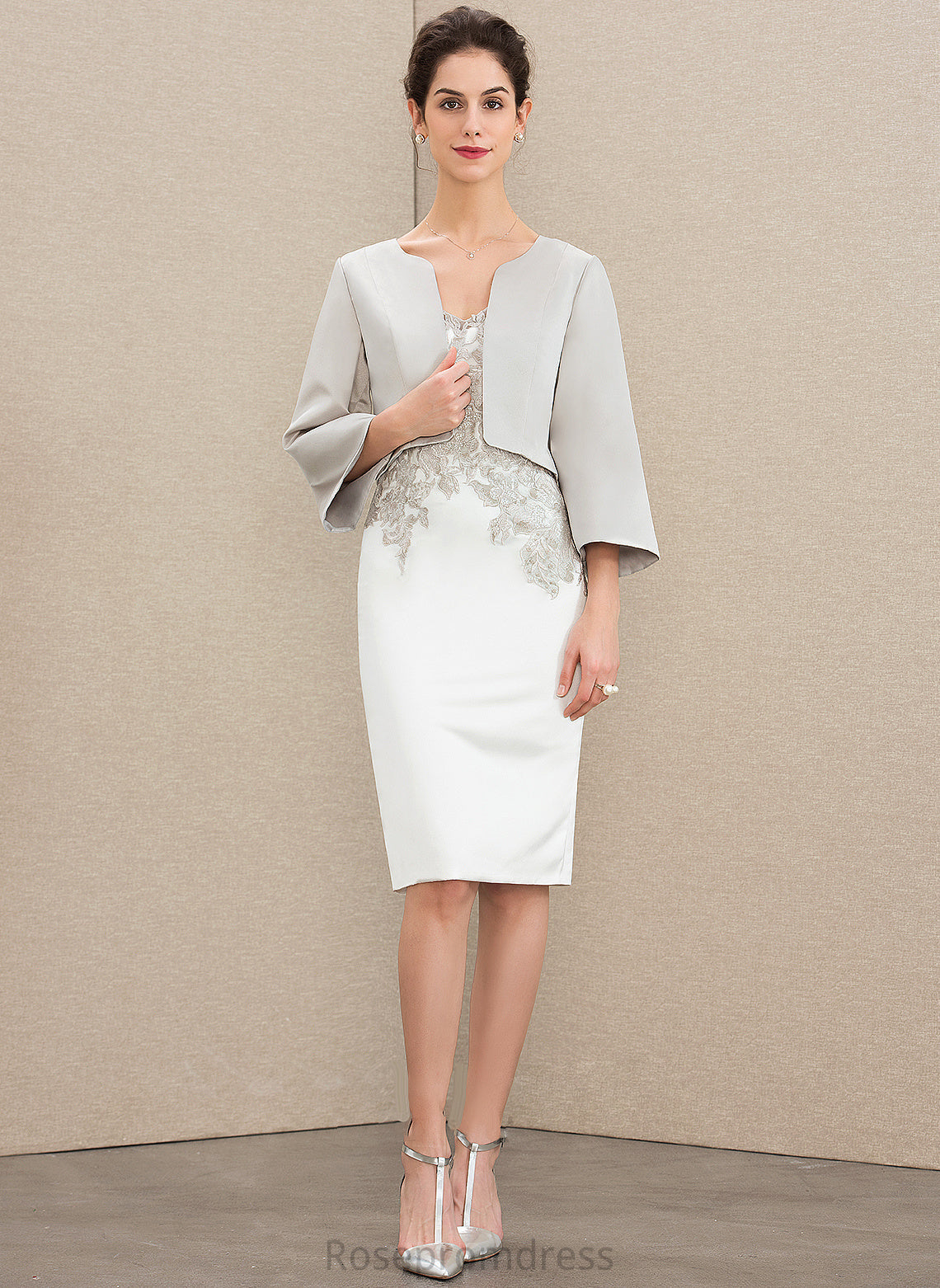 Dress Satin Knee-Length Wedding Dresses Sheath/Column Wedding Lace V-neck Cassie