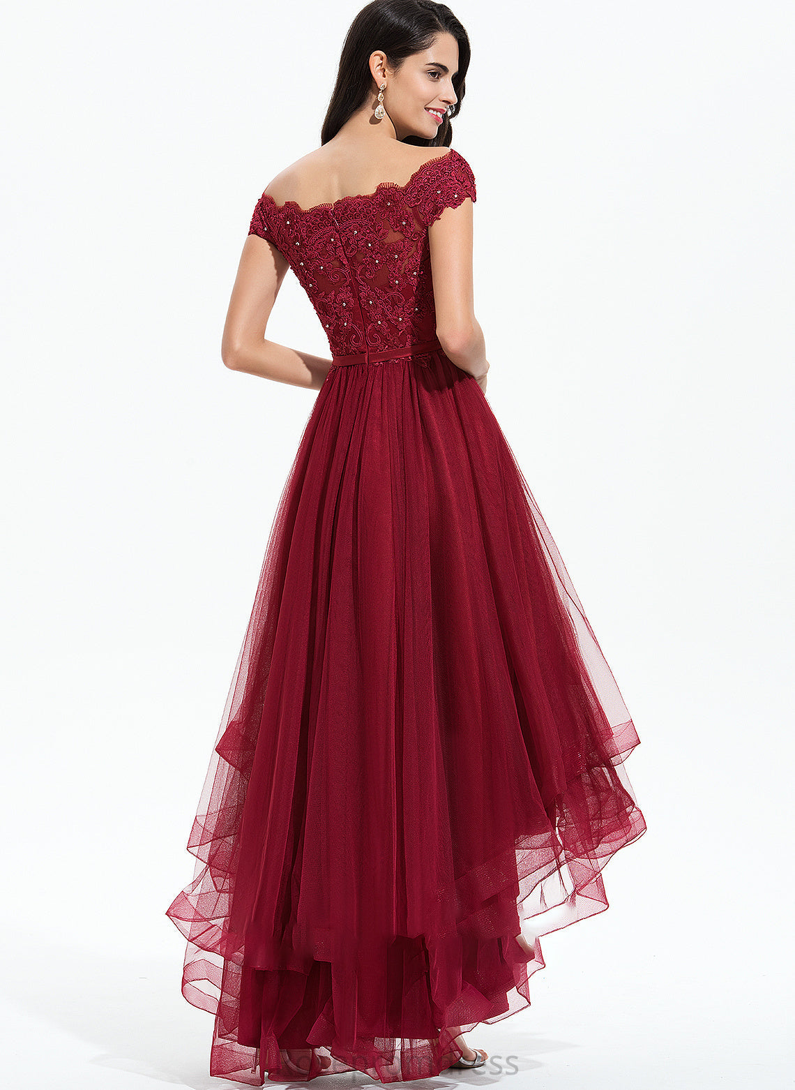 Off-the-Shoulder Embellishment Tulle Lace Beading Sleeve Neckline Sequins Asymmetrical Bow(s) Length Fabric Bridesmaid Dresses