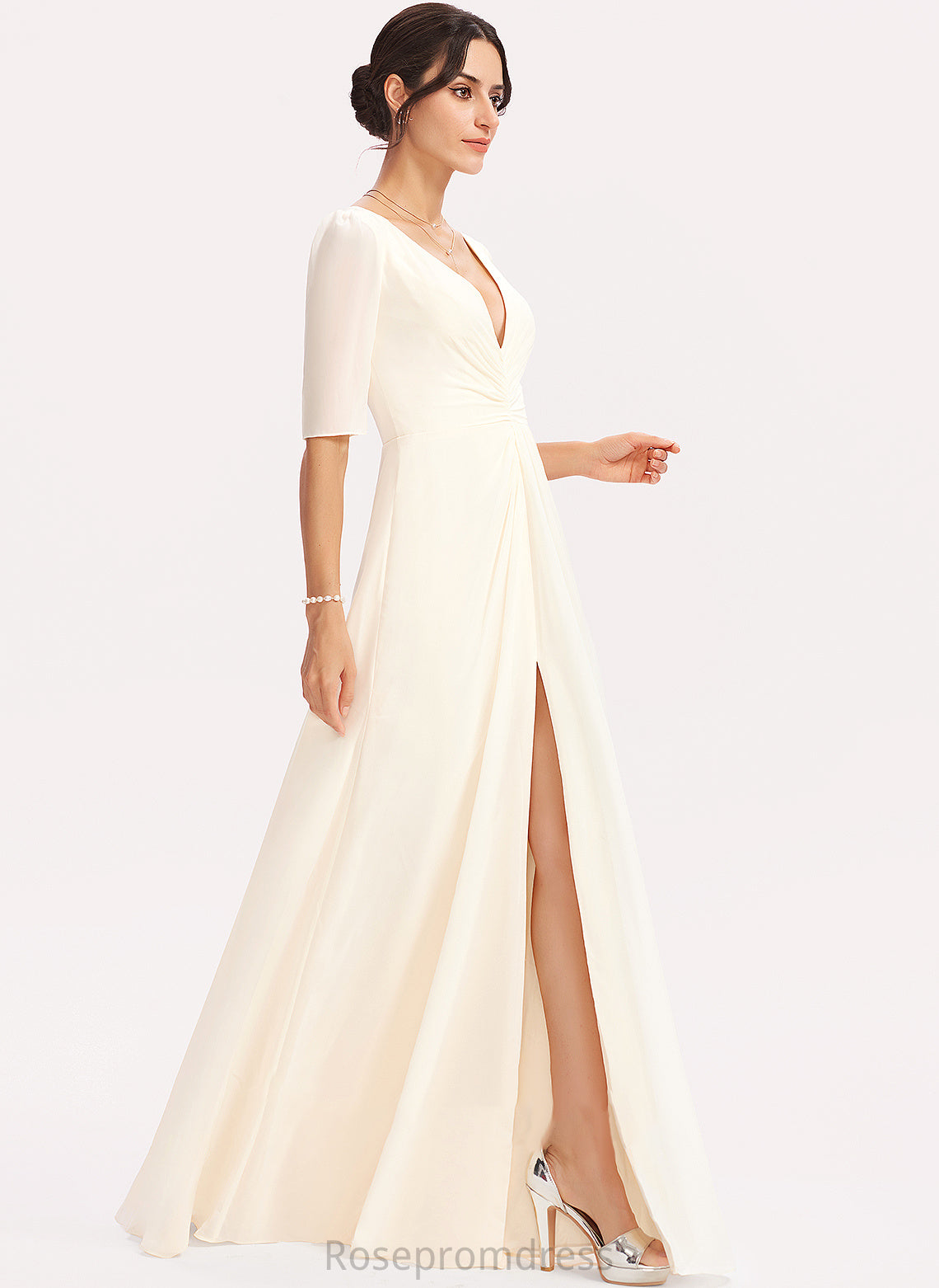 Neckline Floor-Length A-Line V-neck SplitFront Length Silhouette Embellishment Fabric Alanna Sleeveless Natural Waist Bridesmaid Dresses