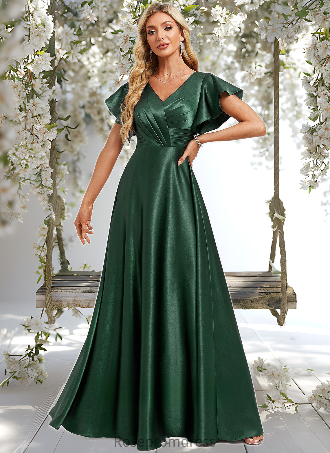 Marie A-line V-Neck Floor-Length Stretch Satin Bridesmaid Dress With Ruffle DSP0025773