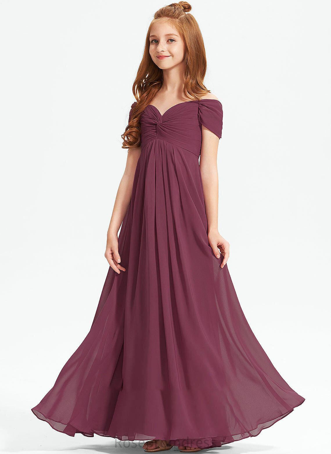 Ruffle Chiffon Floor-Length Juliet Junior Bridesmaid Dresses Off-the-Shoulder With A-Line