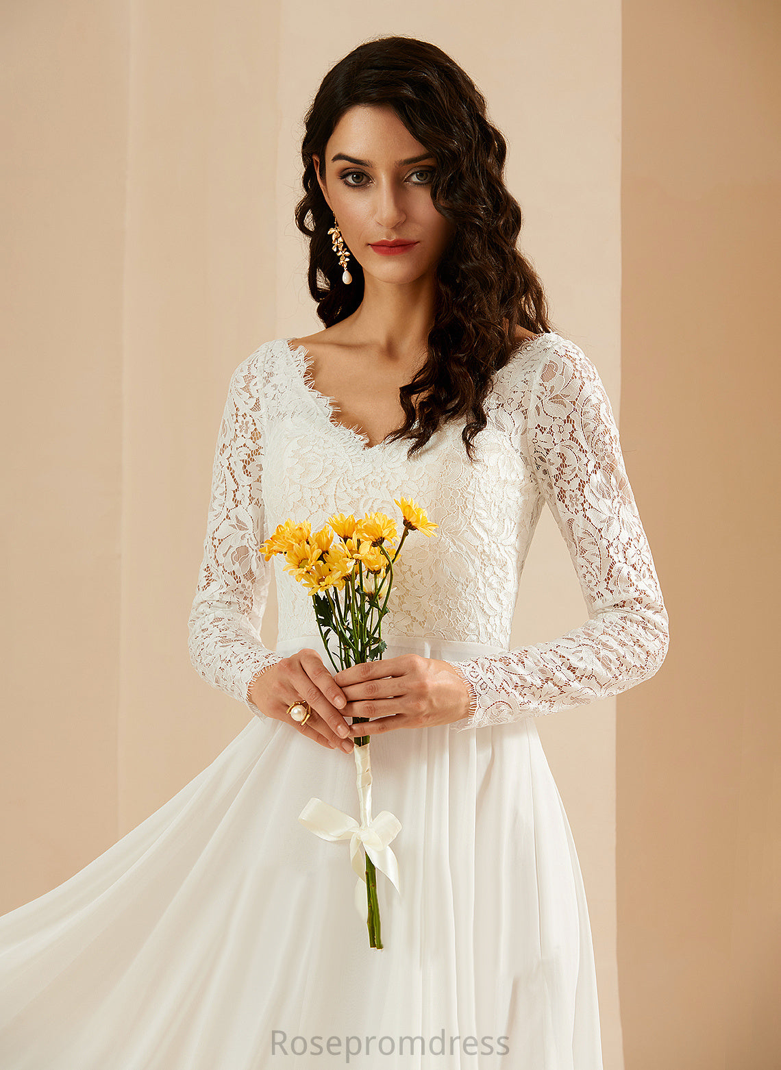 Chasity Train Wedding Dresses Wedding Lace A-Line With V-neck Sweep Chiffon Dress