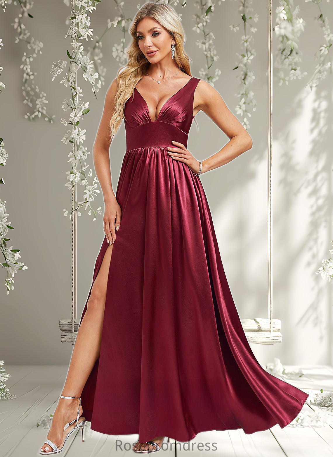 Phoebe A-line V-Neck Floor-Length Stretch Satin Bridesmaid Dress DSP0025771