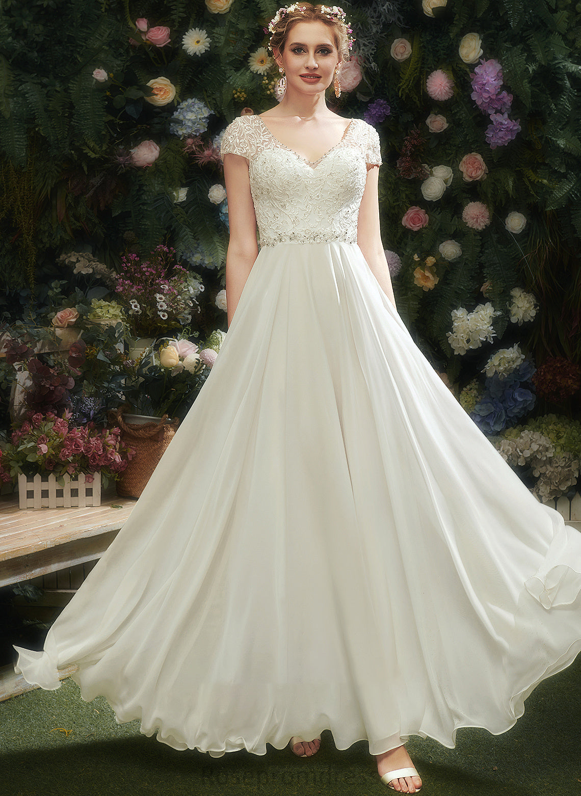 Beading Wedding Lace Dress Sequins Carina Wedding Dresses A-Line Floor-Length With V-neck