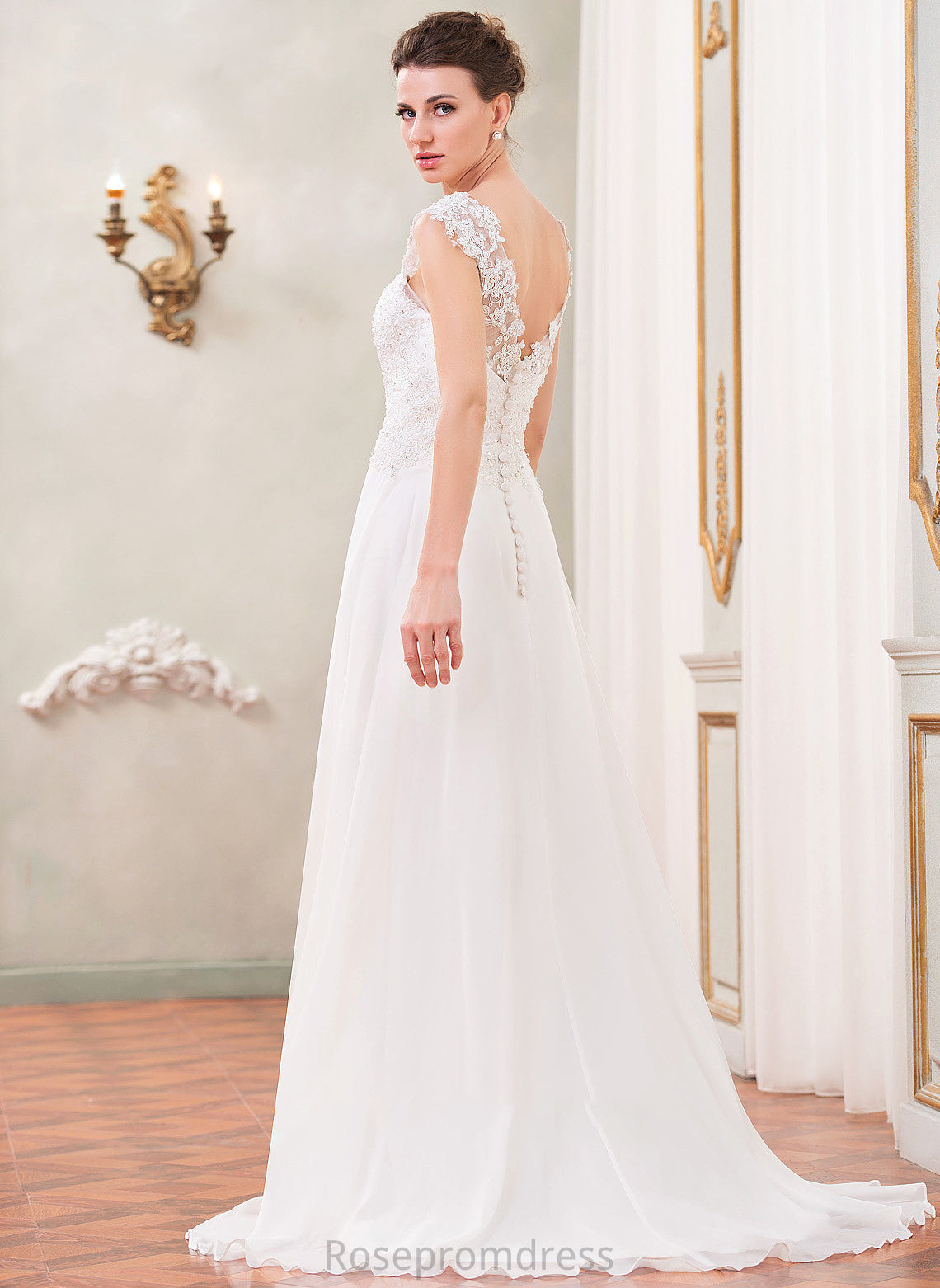 Emilee Wedding Dresses V-neck A-Line With Sweep Beading Wedding Train Lace Dress Sequins Chiffon