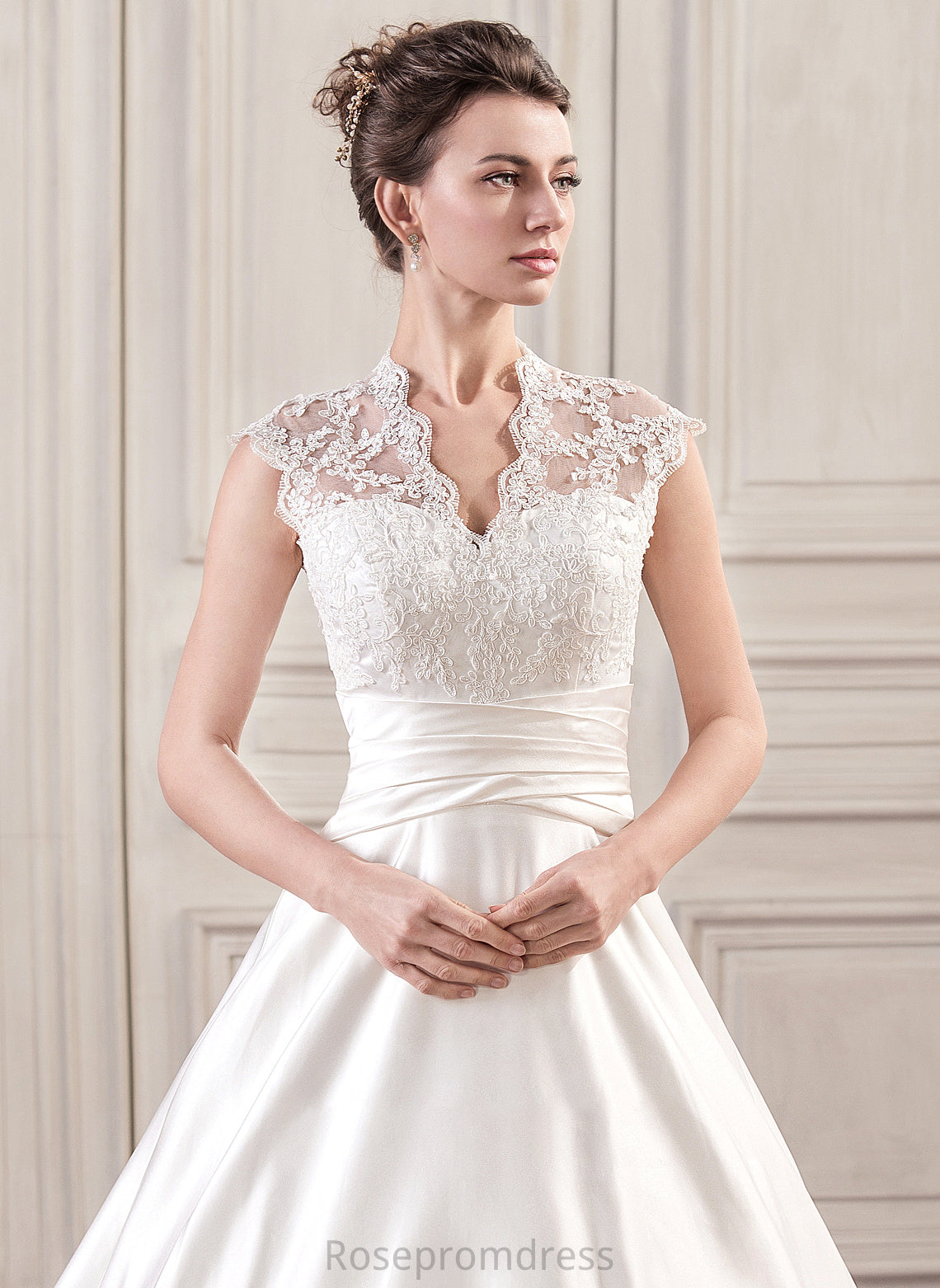 Dress Satin Lace Ruffle Court Dahlia Wedding Wedding Dresses Ball-Gown/Princess With Train V-neck