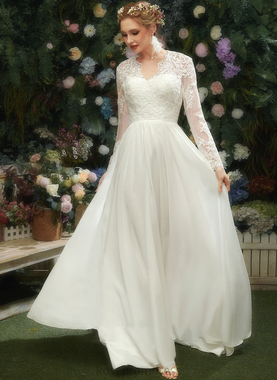 Dress Wedding Dresses A-Line V-neck Lace Denisse Floor-Length Wedding With