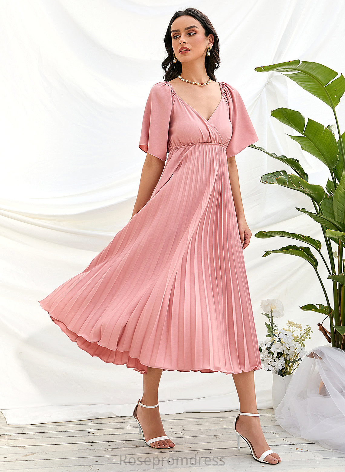 Neckline Fabric Length Pleated Silhouette Tea-Length A-Line V-neck Embellishment Jamiya A-Line/Princess Natural Waist Bridesmaid Dresses