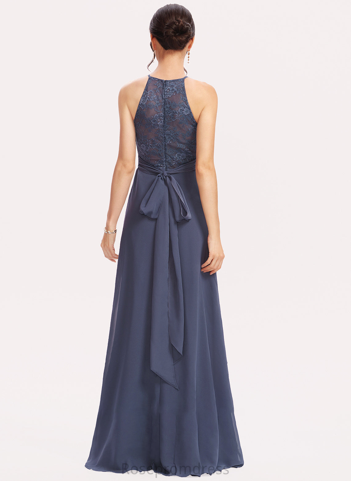 A-Line Lace Neckline SplitFront Fabric Halter Embellishment Length Floor-Length Silhouette Viola V-Neck Bridesmaid Dresses