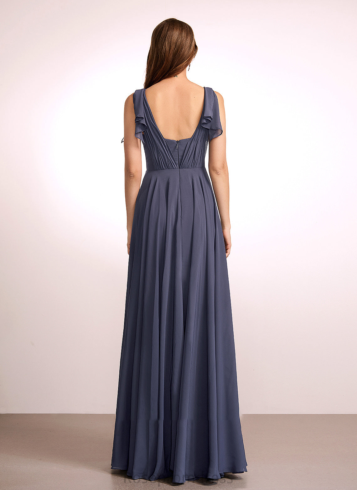 Neckline Ruffle Fabric Silhouette V-neck A-Line Floor-Length Length Embellishment Emma Scoop Sleeveless Bridesmaid Dresses