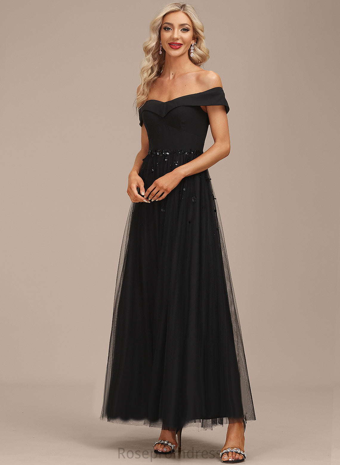 Miya Ankle-Length Dress A-Line Cocktail Cocktail Dresses Tulle With Off-the-Shoulder Sequins Chiffon Beading