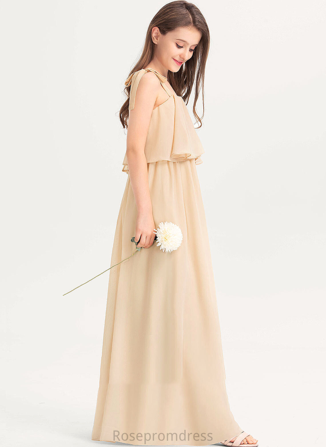 Ruffles A-Line Amber With Neckline Bow(s) Floor-Length Junior Bridesmaid Dresses Square Chiffon Cascading