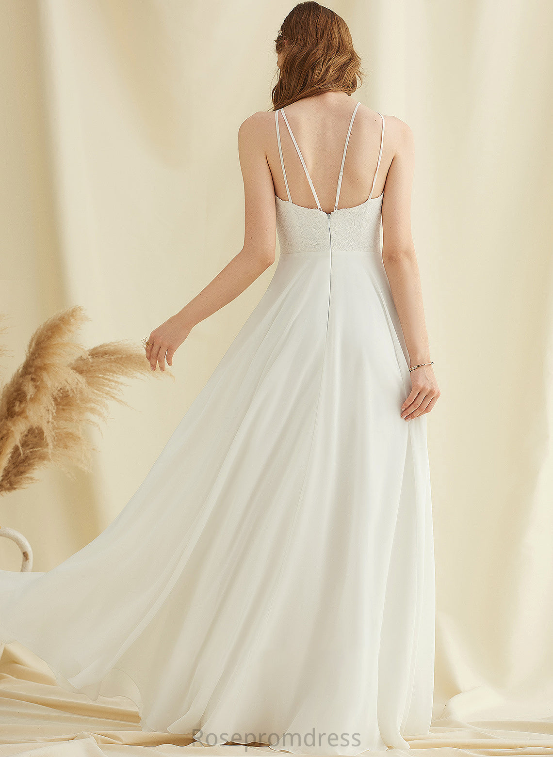 Ingrid Pockets Neck Chiffon Dress Wedding With A-Line Lace Wedding Dresses Scoop Floor-Length