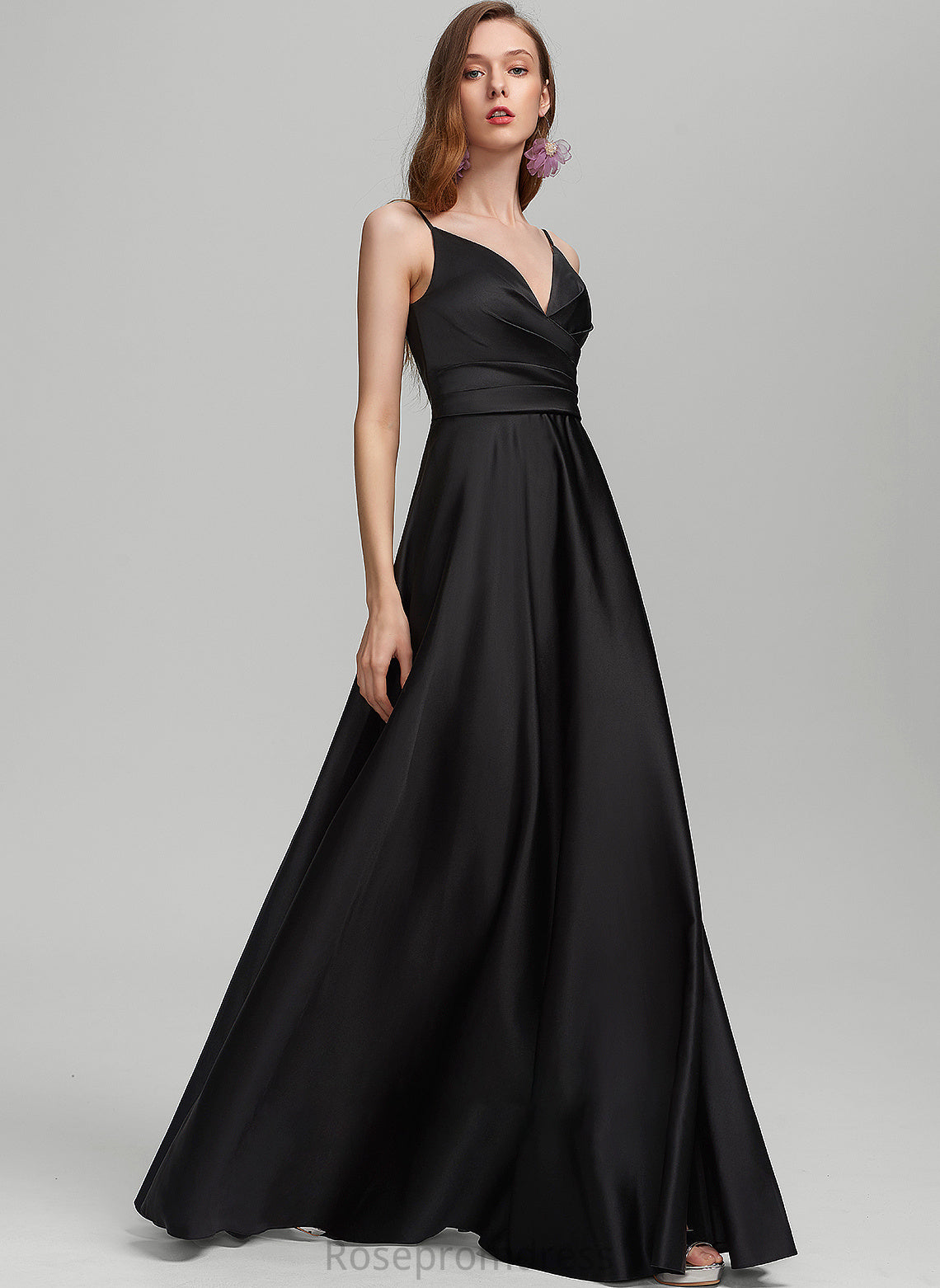 Satin Split Prom Dresses With Ruffle Floor-Length Front A-Line Hailey V-neck