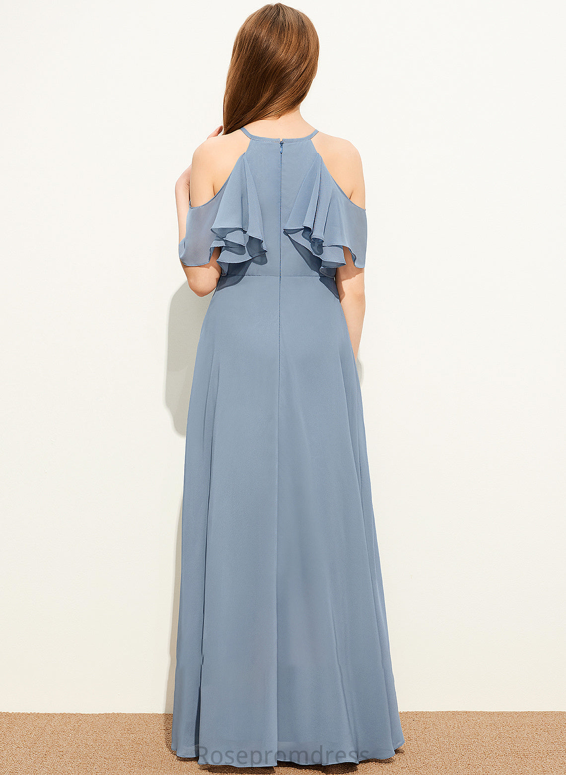 Junior Bridesmaid Dresses A-Line Floor-Length With Scoop Chiffon Teresa Neck Cascading Ruffles