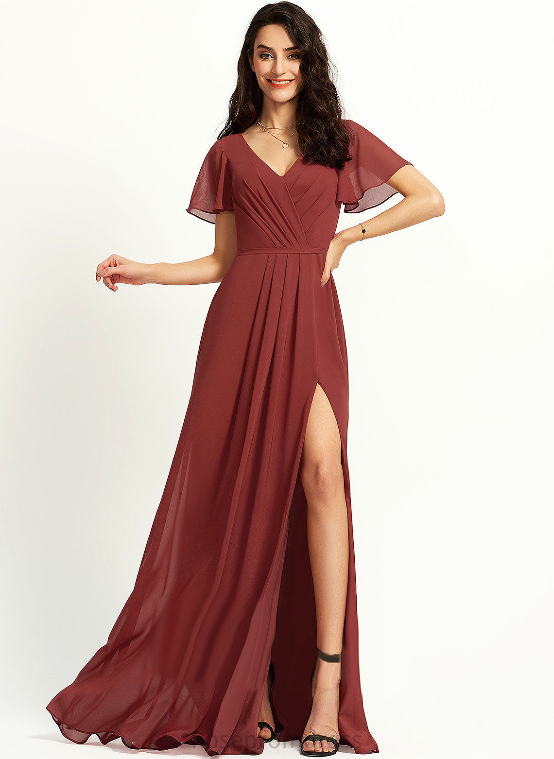 A-line Floor-Length Fabric Straps&Sleeves Length V-Neck Neckline Silhouette Aubrey Natural Waist A-Line/Princess Floor Length Bridesmaid Dresses