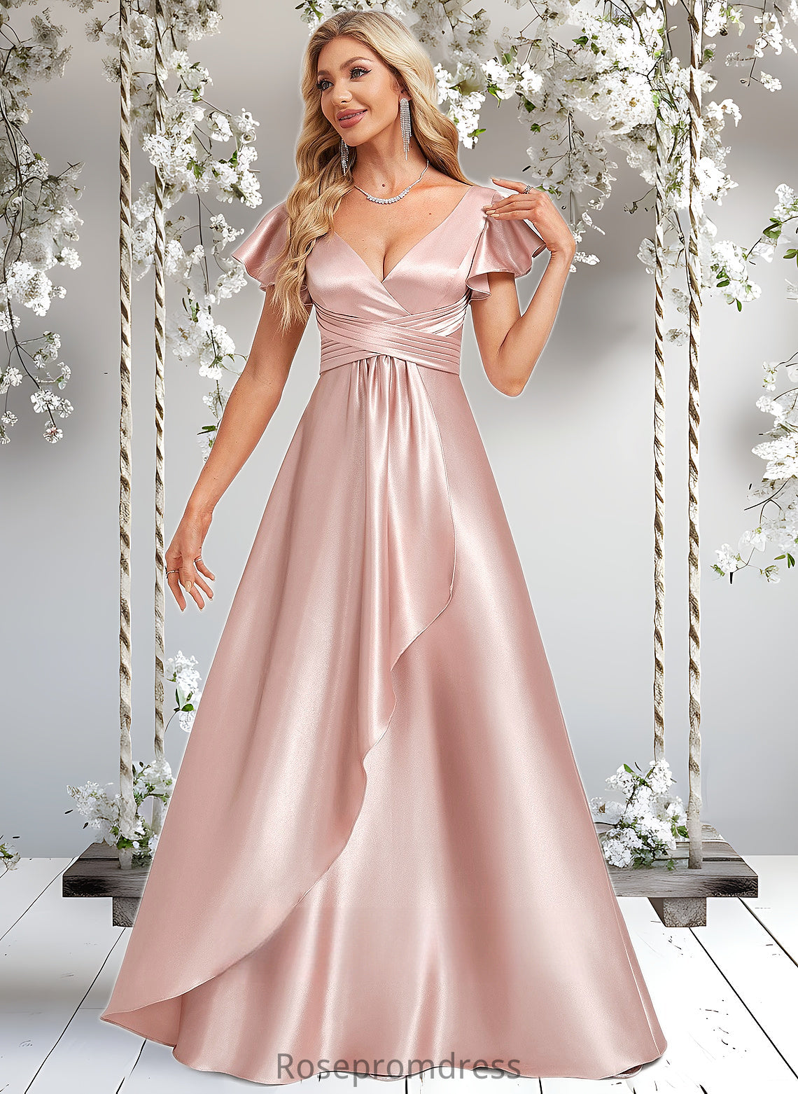 Makenna A-line V-Neck Floor-Length Stretch Satin Bridesmaid Dress With Ruffle DSP0025787