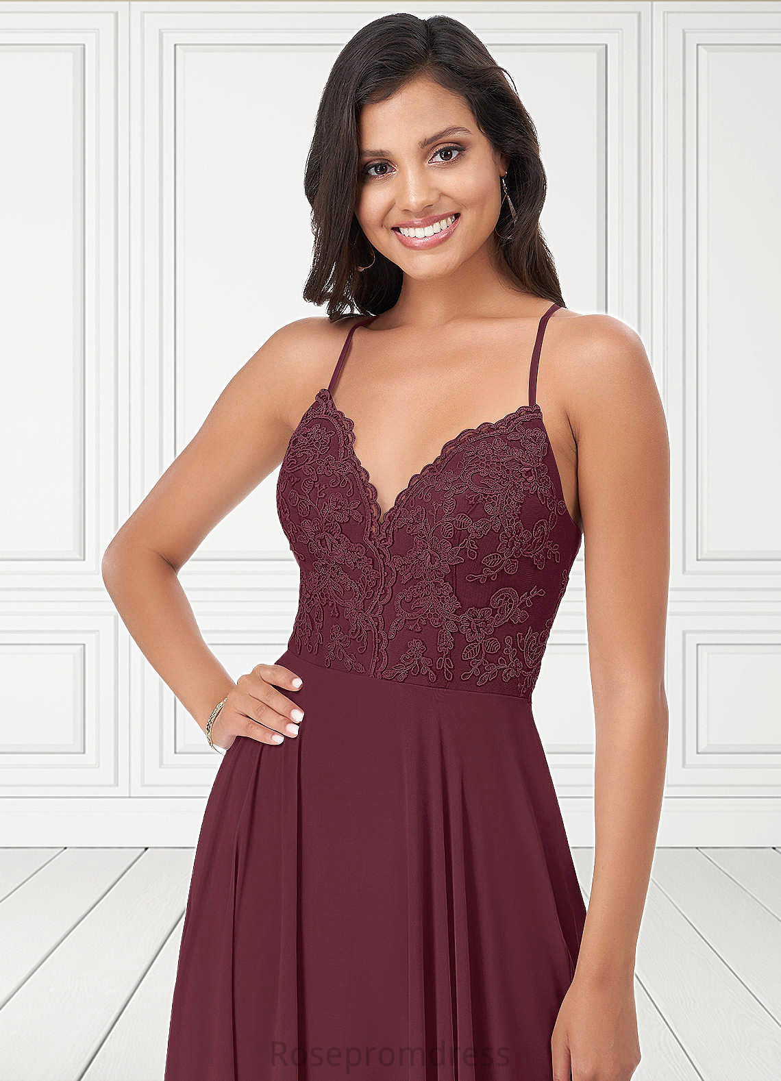 Bridget A-Line Lace Chiffon Floor-Length Dress SRSP0019641