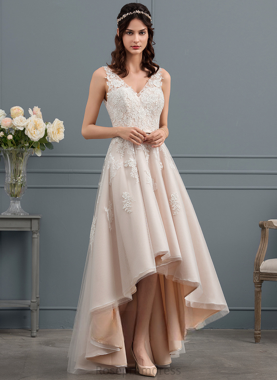 Dress Lena Asymmetrical Wedding Dresses Bow(s) Satin With Lace Wedding A-Line V-neck Tulle