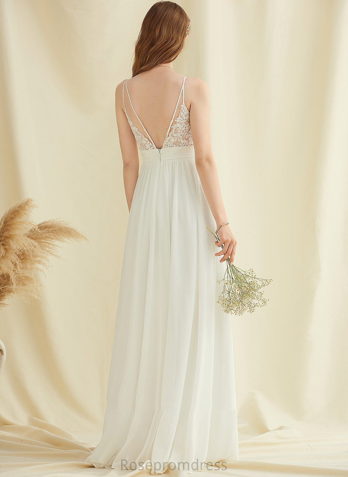 Elyse Wedding A-Line With Dress Chiffon Floor-Length Wedding Dresses Lace V-neck