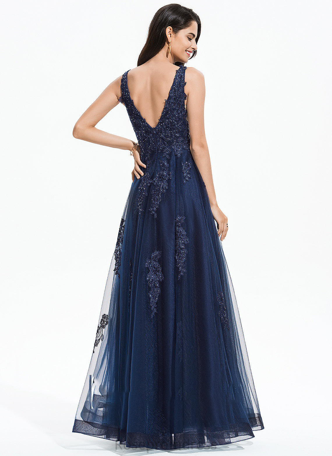 Prom Dresses Tulle Floor-Length Arianna A-Line Sequins With V-neck Lace