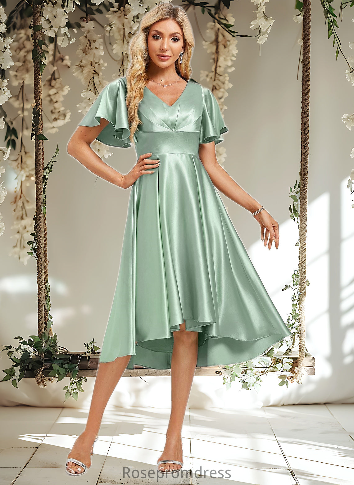Tracy A-line V-Neck Asymmetrical Stretch Satin Bridesmaid Dress With Ruffle DSP0025772