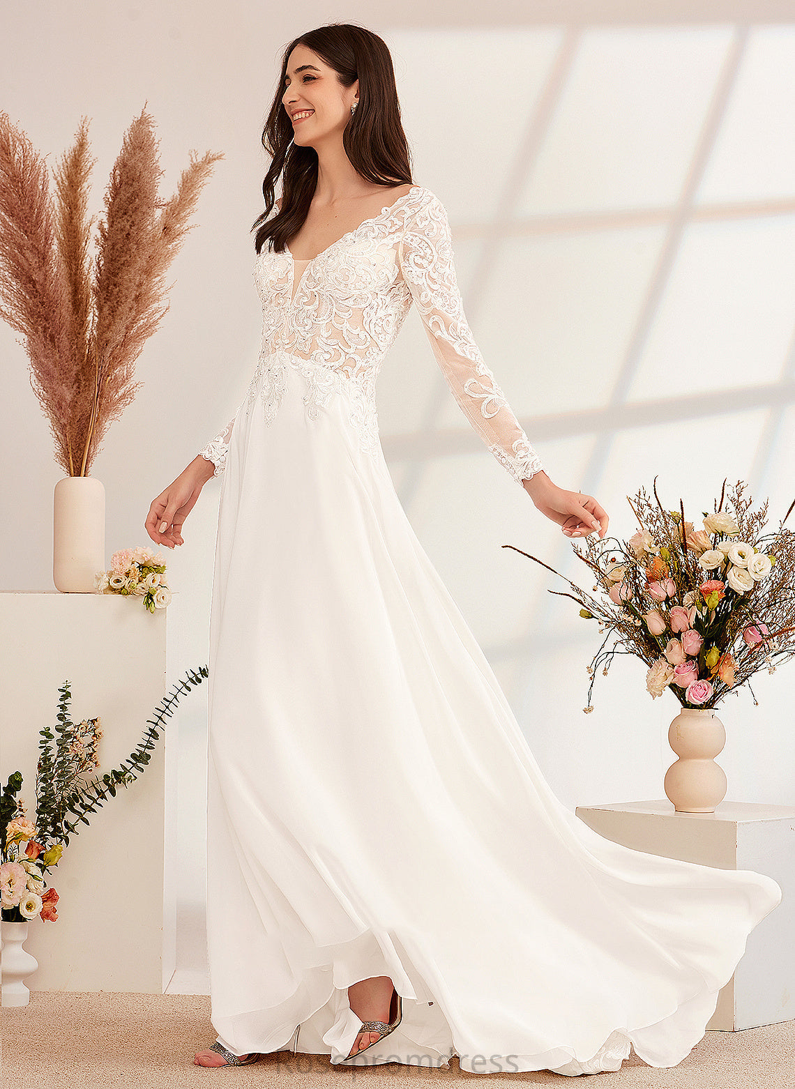 Beading Roberta A-Line Wedding Dresses With V-neck Wedding Sweep Train Dress