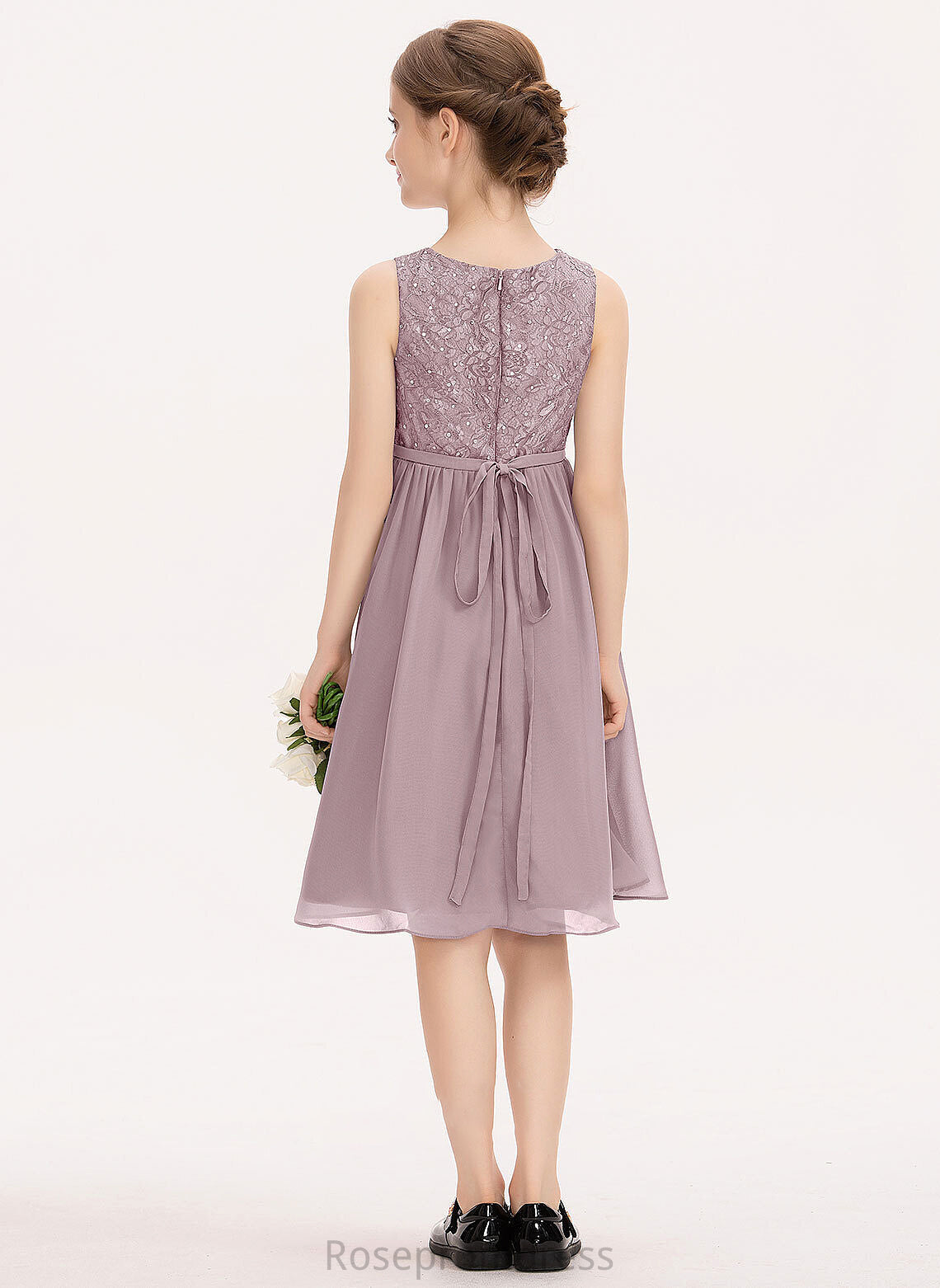 A-Line Chiffon Lace Junior Bridesmaid Dresses Bow(s) Beading Scoop With Knee-Length Cali Neck