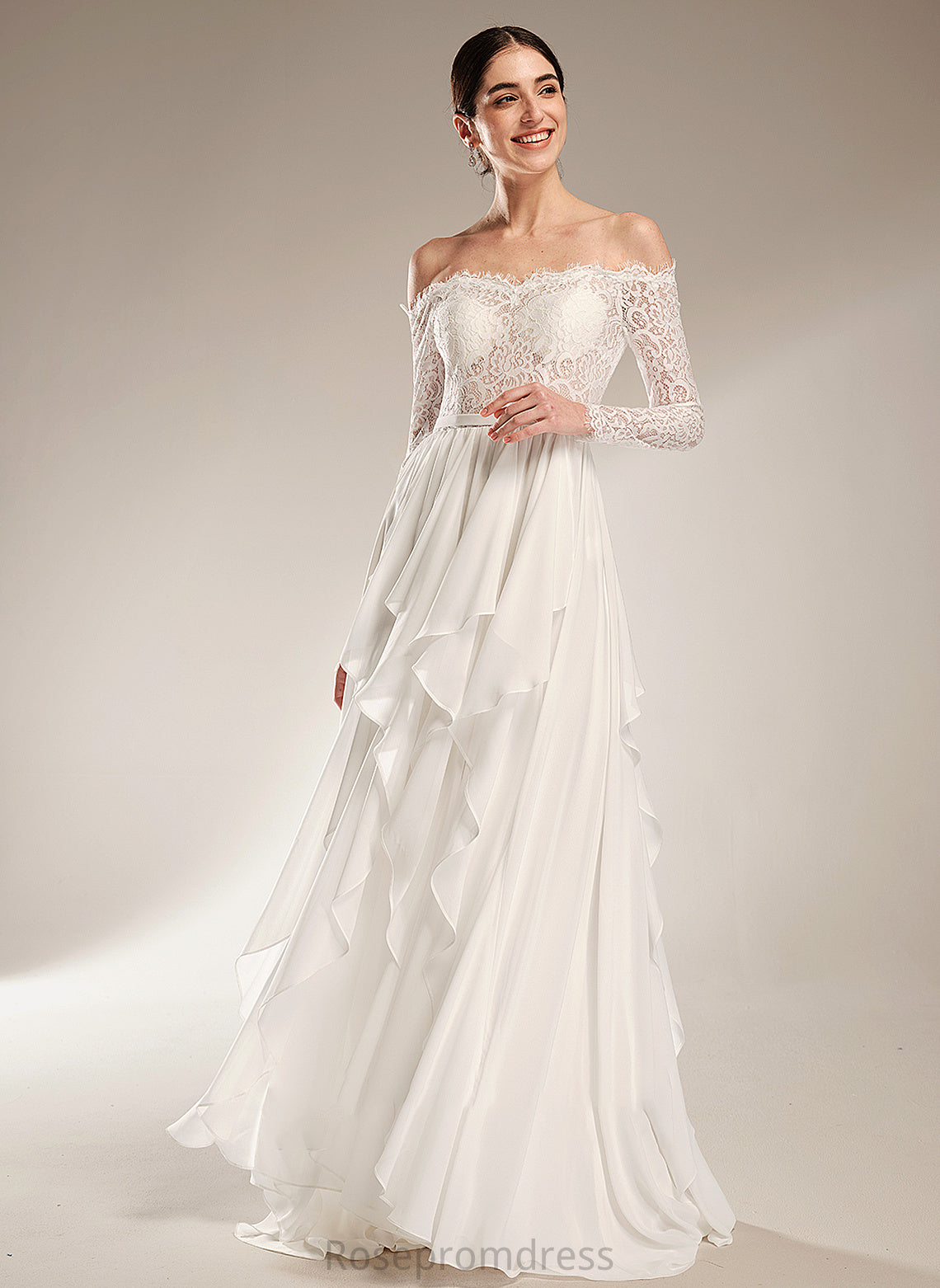 A-Line Off-the-Shoulder Wedding Dresses Ruffle With Train Wedding Nathalie Court Dress