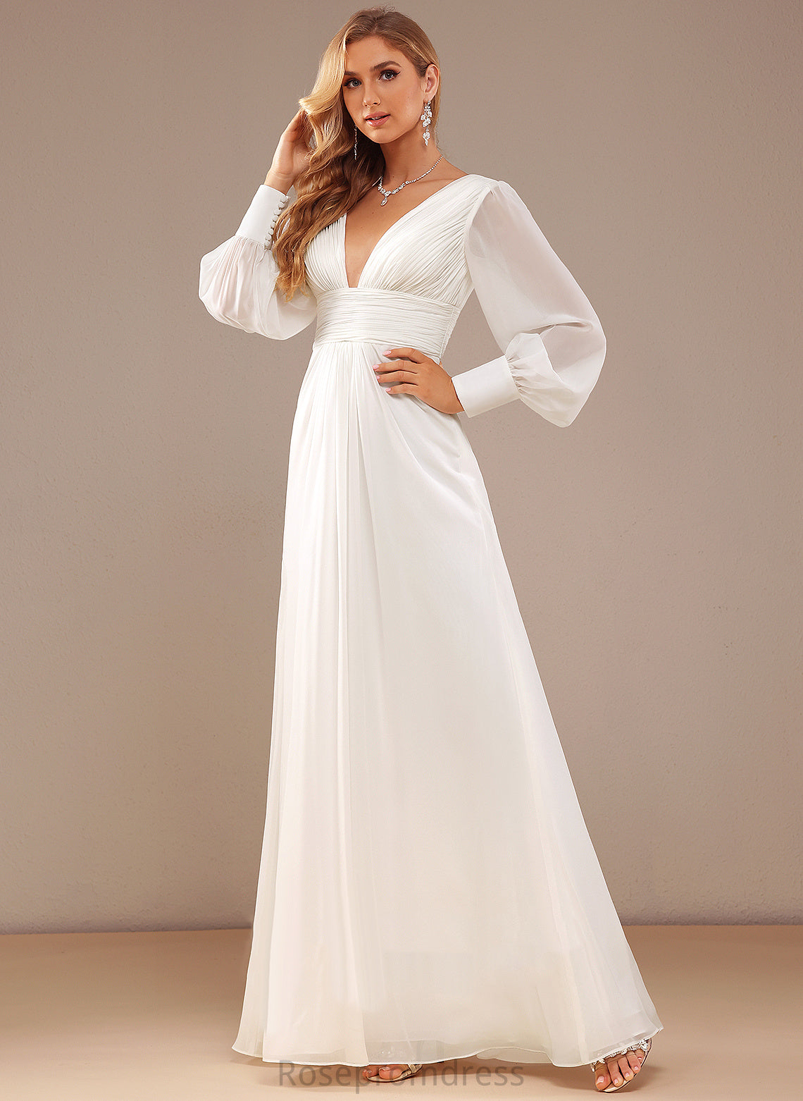 Floor-Length Chiffon V-neck With Wedding A-Line Sage Wedding Dresses Dress Ruffle