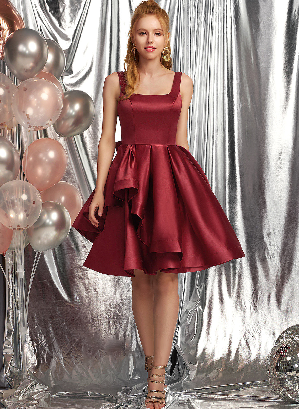 Ruffles Bow(s) Prom Dresses A-Line Harley Knee-Length Cascading With Square Neckline Satin
