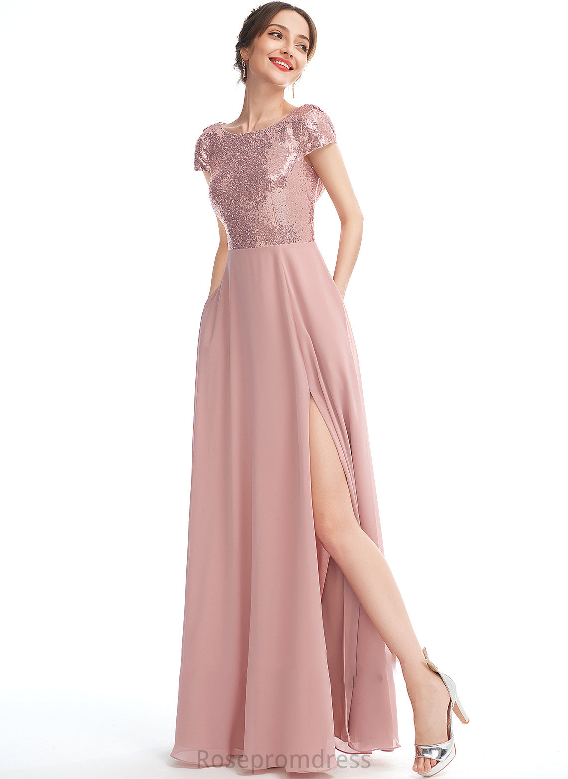 Floor-Length Silhouette Length Fabric Embellishment ScoopNeck Sequins Neckline A-Line SplitFront Chloe A-Line/Princess Bridesmaid Dresses