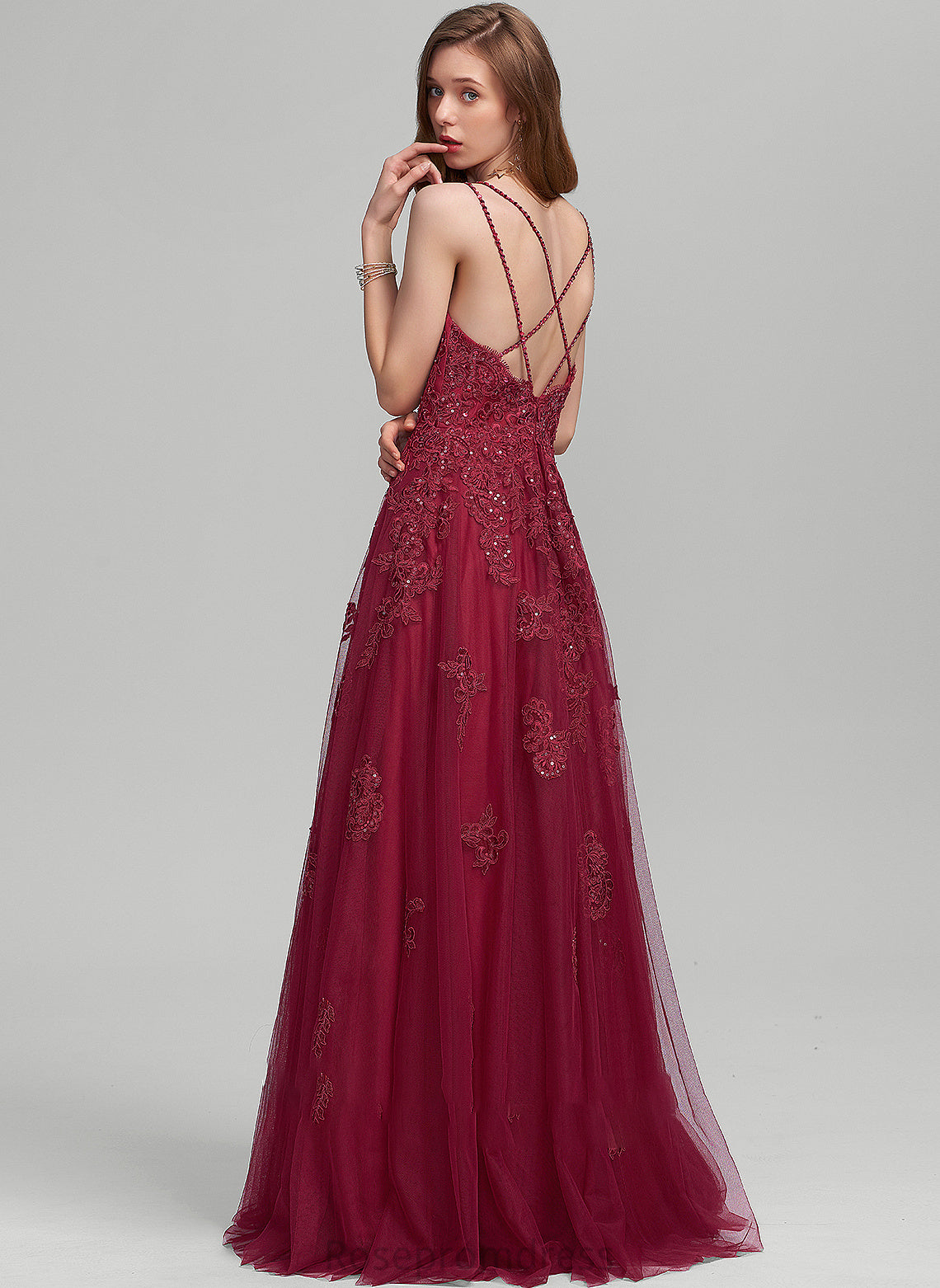Prom Dresses Beading V-neck Floor-Length Tulle With A-Line Sequins Kadence