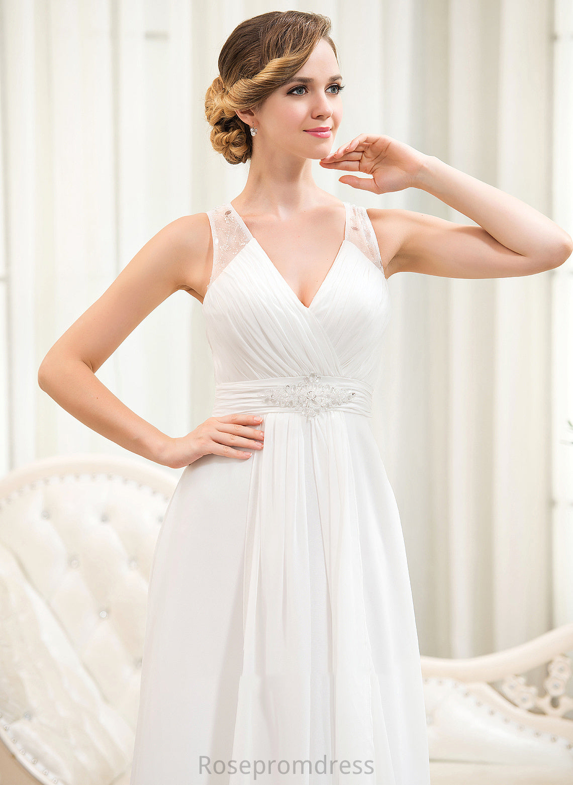 Cascading Wedding Michaela Wedding Dresses Chiffon Beading A-Line V-neck Train With Dress Sweep Ruffles Sequins