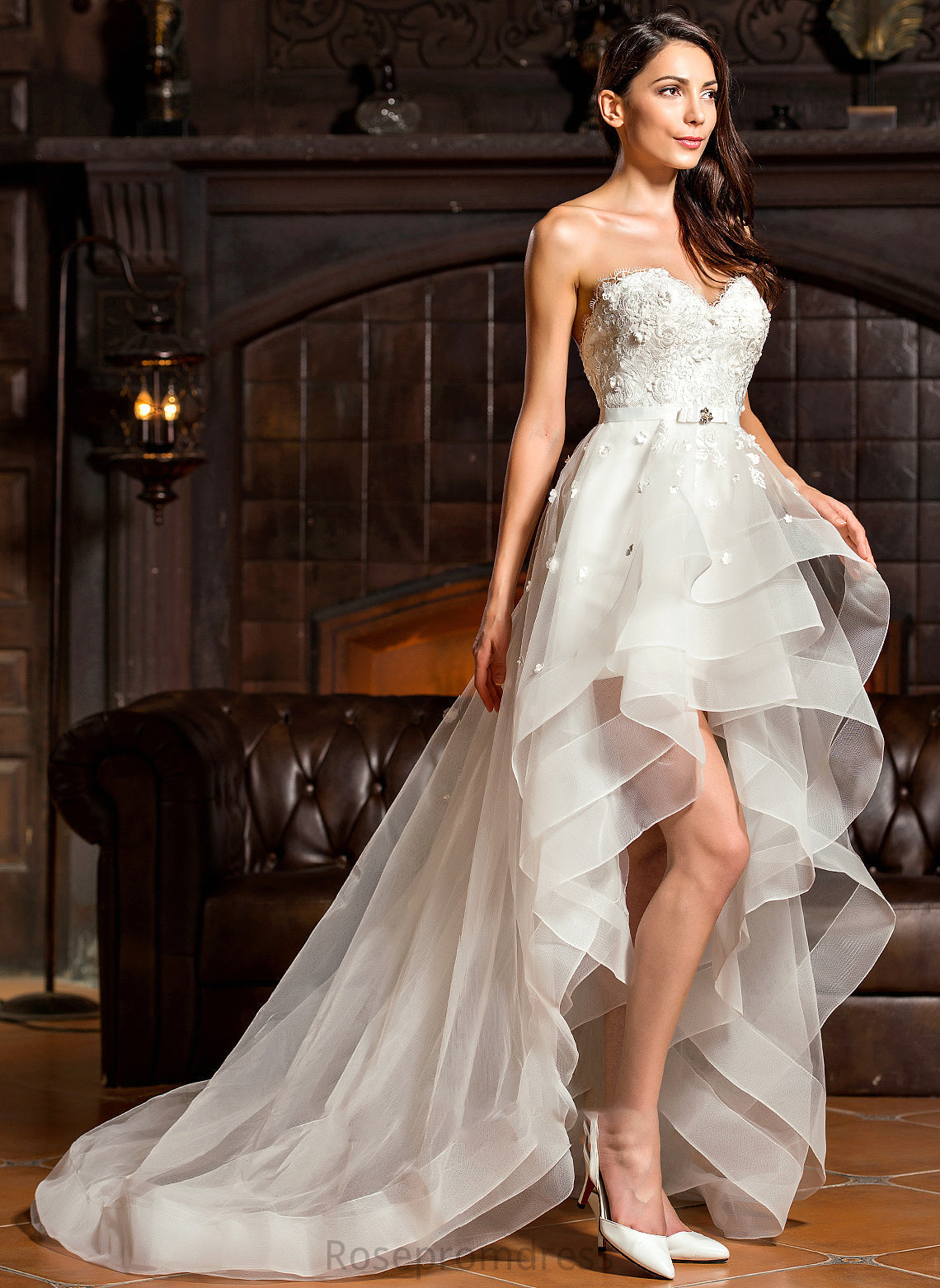 Bow(s) Asymmetrical Tulle Reyna Wedding Wedding Dresses Beading Sweetheart Dress With A-Line