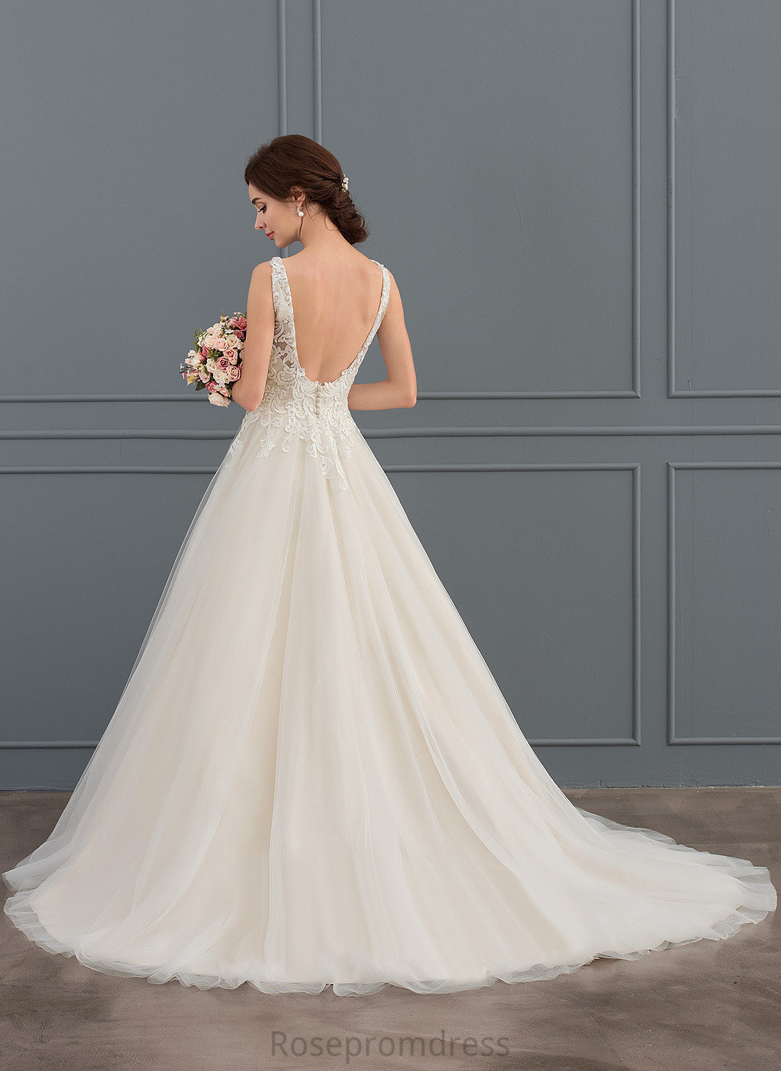 Court Tulle Coral Lace Train Wedding Dress Ball-Gown/Princess V-neck Wedding Dresses
