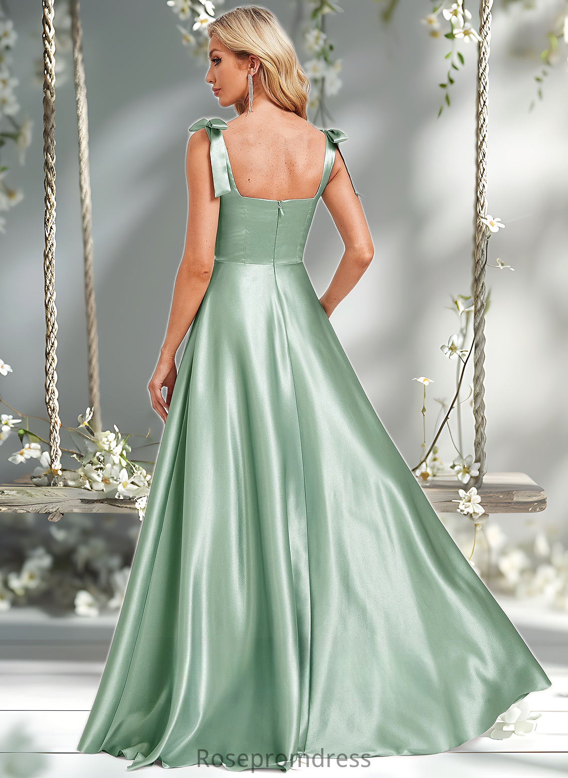 Marley A-line Square Floor-Length Stretch Satin Bridesmaid Dress With Bow DSP0025788