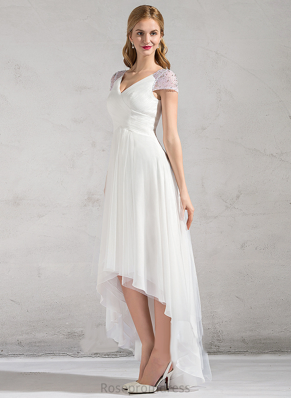 Beading Ruffle With V-neck Dress Asymmetrical A-Line Wedding Tulle Julianne Sequins Wedding Dresses